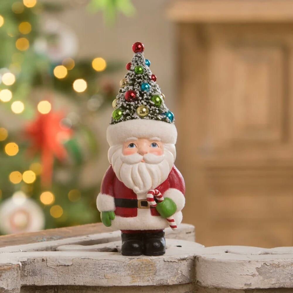 Bethany Lowe Retro Standing Santa Claus Bottlebrush Tree Hat Christmas NEW